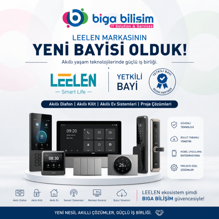 Poster announcing that Leelen is the new dealer of Biga Bilişim, showcasing smart home devices on a circular platform with logos and Turkish text.