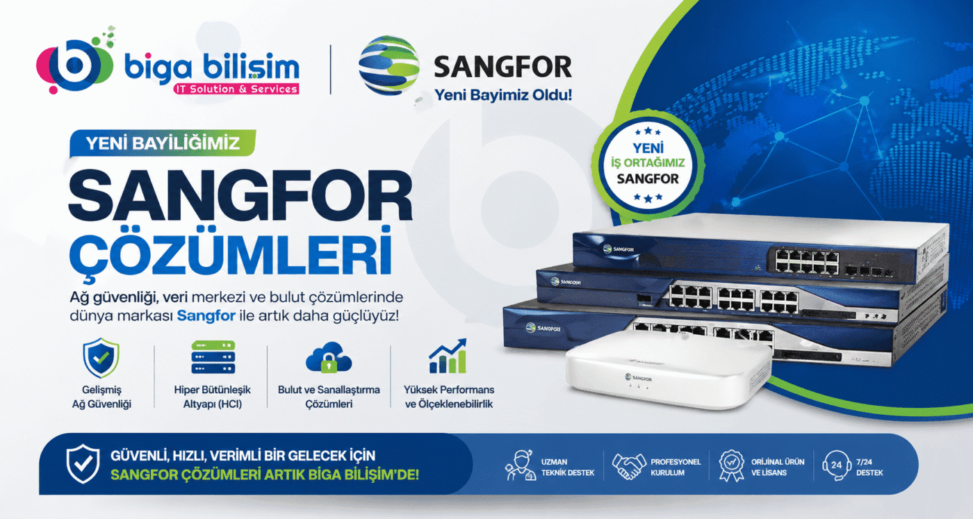 Yeni bayiliğimiz Sangfor çözümleri bannersı; sol üstte logolar, sağda çoklu ağ sunucuları ve dünya haritası arka planı.