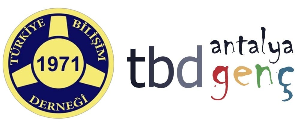 Logo: Türkiye Bilişim Derneği emblem with 1971, next to 'tbd genç Antalya' branding in multicolor letters.