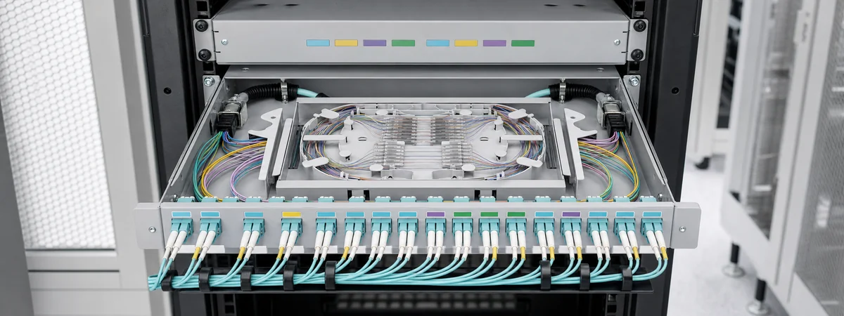 Açık rack tipi fiber patch panel içinde splice tray, füzyon ek koruyucuları, pigtailer, adaptörler ve düzenli LC patch cordlar