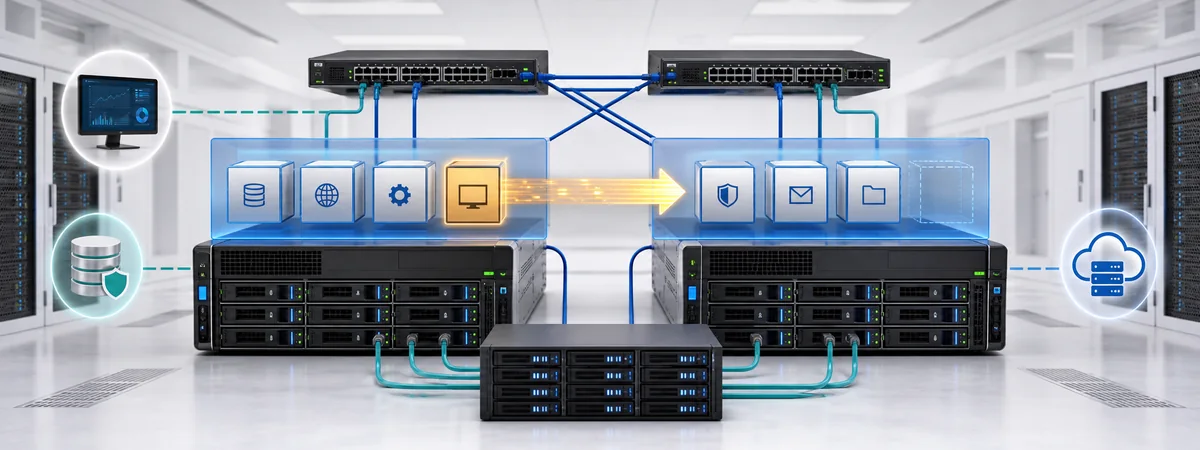 İki Hyper-V host, iki yedekli switch ve ortak depolama arasında çalışan sanal makinelerin canlı taşındığı failover cluster mimarisi