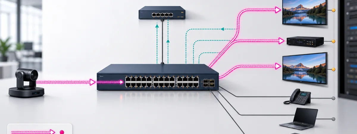 Multicast video kaynağının IGMP Snooping ile yalnız abone olan ekran ve decoder portlarına yönlendirilmesi