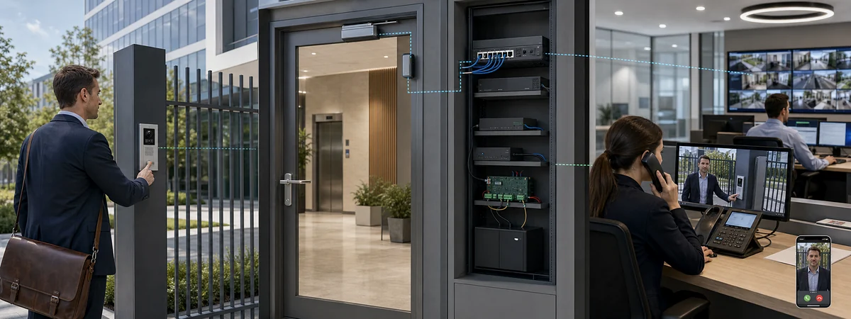 Kurumsal girişte ziyaretçi IP video interkomu, iç resepsiyon SIP telefonu, güvenlik kamerası ekranı, PoE switch ve korumalı kapı kontrol panelinden oluşan iletişim sistemi