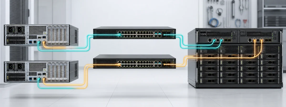 İki sanallaştırma sunucusunun iki ayrı Ethernet switch üzerinden çift denetleyicili ortak depolama sistemine yedekli iSCSI yollarıyla bağlanması