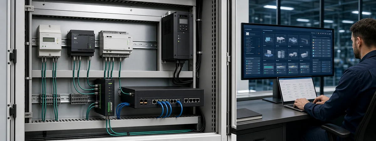 Modbus RTU saha cihazlarını, BACnet MS-TP kontrolörlerini, Ethernet switch ve protokol ağ geçidini bina otomasyonu ekranına bağlayan teknik kabin ve devreye alma personeli
