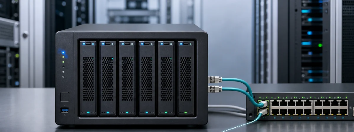 Altı disk yuvalı kurumsal NAS cihazının iki ağ bağlantısıyla yönetilebilir switch üzerinden sunucu ve istemcilere bağlanması