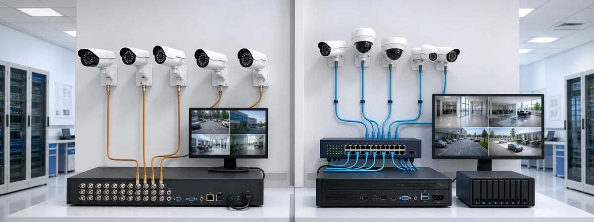 Analog kameraların koaksiyel kabloyla DVR cihazına, IP kameraların Ethernet ve PoE switch üzerinden NVR ile depolamaya bağlandığı iki kayıt mimarisi
