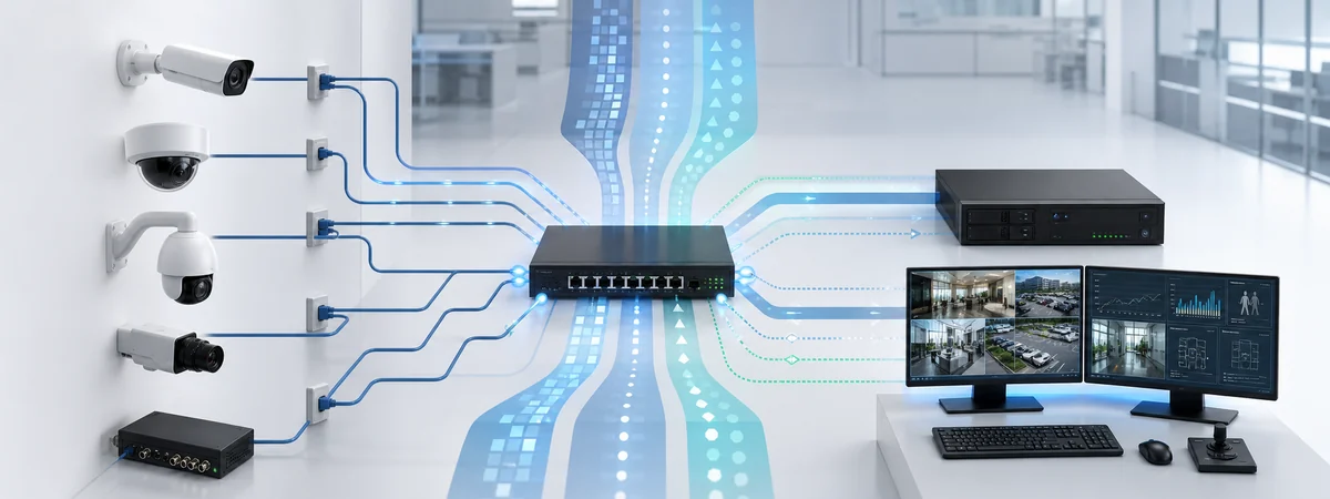 Farklı tipte IP kamera ve video encoder cihazlarını yönetilen switch üzerinden NVR ve VMS platformuna bağlayan birlikte çalışabilir video güvenlik mimarisi