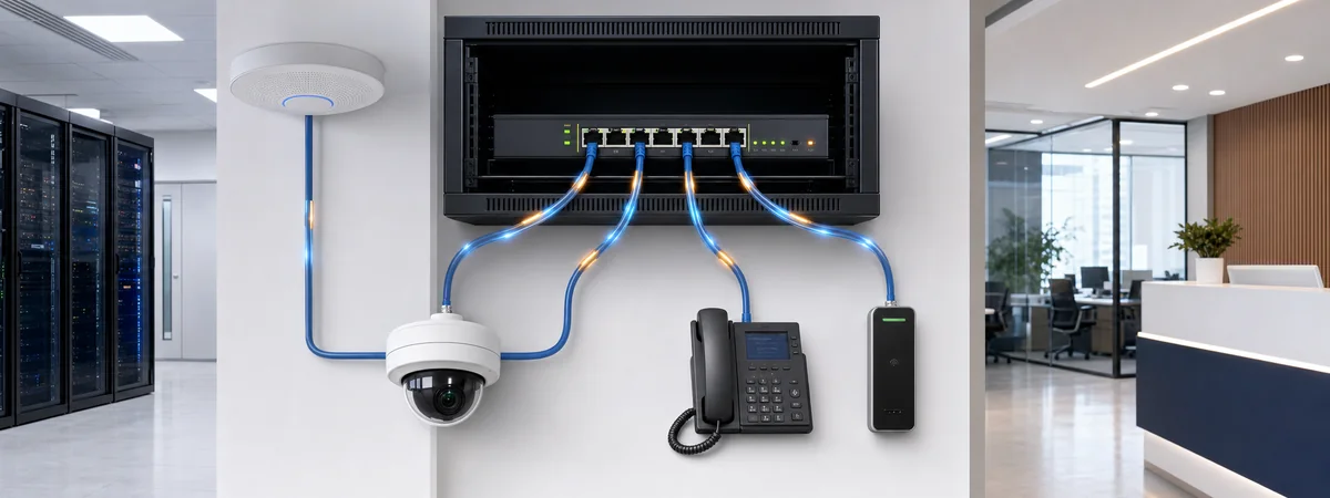 PoE switch üzerinden access point, IP kamera, telefon ve geçiş kontrol cihazına güç ve veri aktarımı
