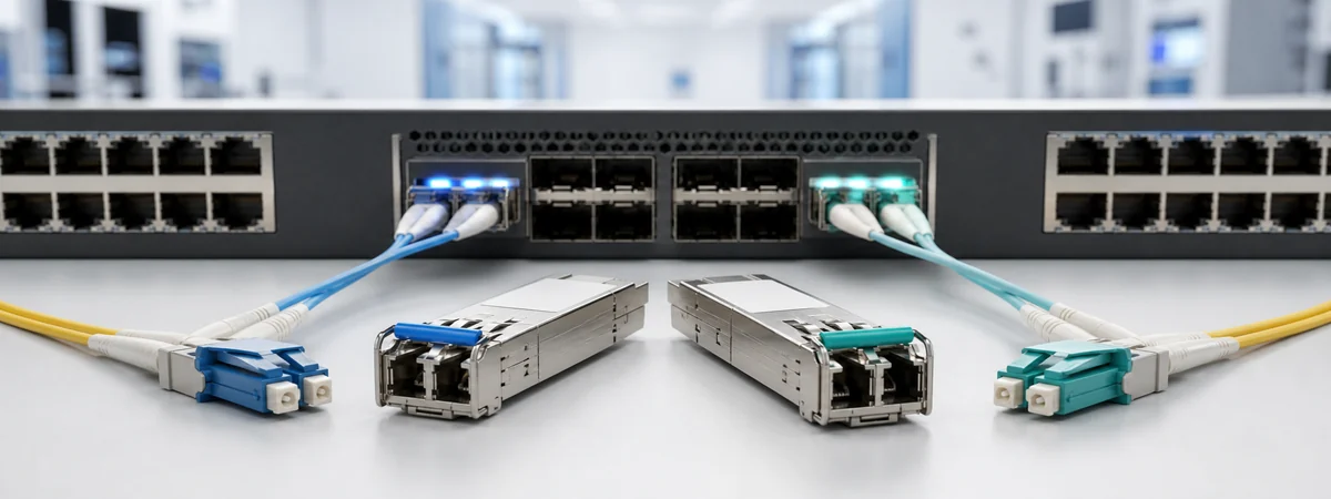 Ethernet switch üzerindeki SFP ve SFP+ portları, optik transceiver modüller ve çift yönlü LC fiber bağlantıları