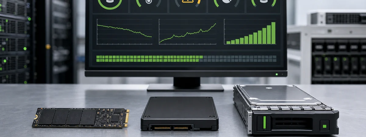 NVMe M.2, SATA ve hot-swap kurumsal SSD cihazlarının sıcaklık, dayanıklılık, hata ve yazma trendleriyle birlikte izlenmesi