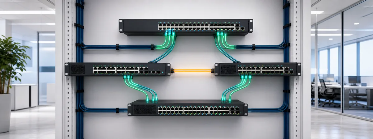 Yedekli switch bağlantılarında aktif yolları koruyup bir hattı güvenli beklemede tutan STP topolojisi