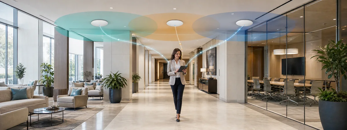 Tablet kullanan çalışanın üç access point kapsama alanı arasında dolaşması