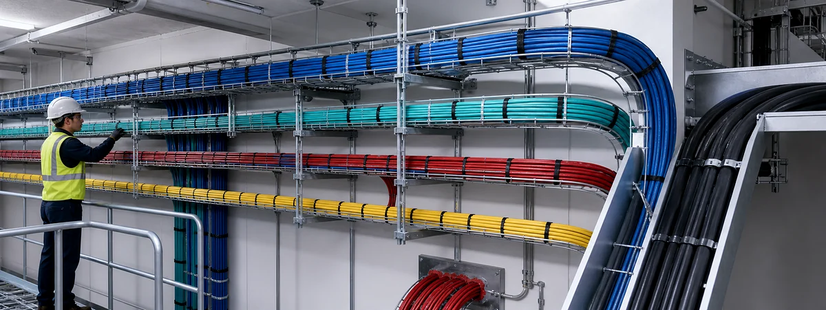Veri, fiber, yangın algılama ve erişim kontrol kabloları ayrı bölümlerde, uygun bükülme yarıçapı ve yangın geçişiyle taşınan erişilebilir zayıf akım kablo tavaları