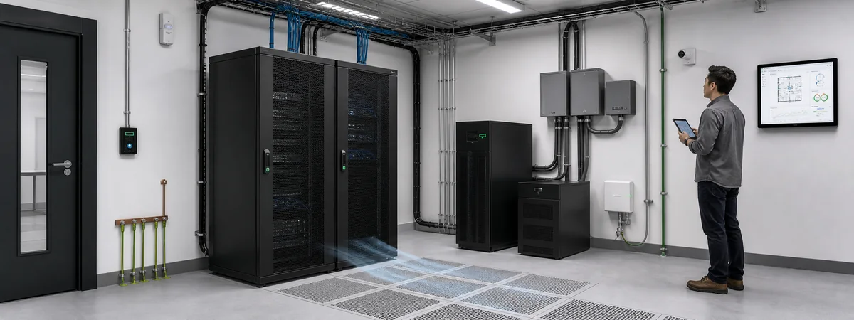 Birden fazla sistem kabini, UPS ve enerji dağıtımı, çevresel sensörler, soğutma, erişim kontrolü ve üstten kablo rotaları bulunan kurumsal network odası