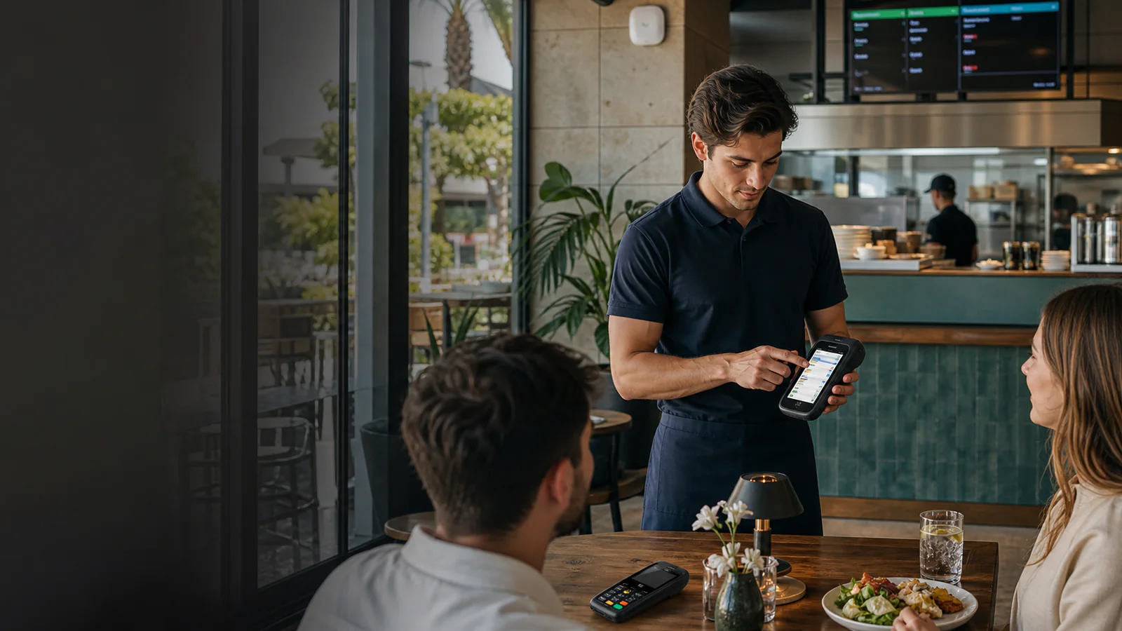 Restoran masasında mobil el terminaliyle sipariş alan servis personeli