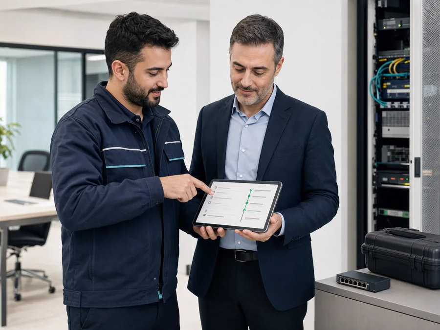 Dijital servis formunu ve tamamlanan işleri tablet üzerinden birlikte kontrol eden teknisyen ile müşteri temsilcisi