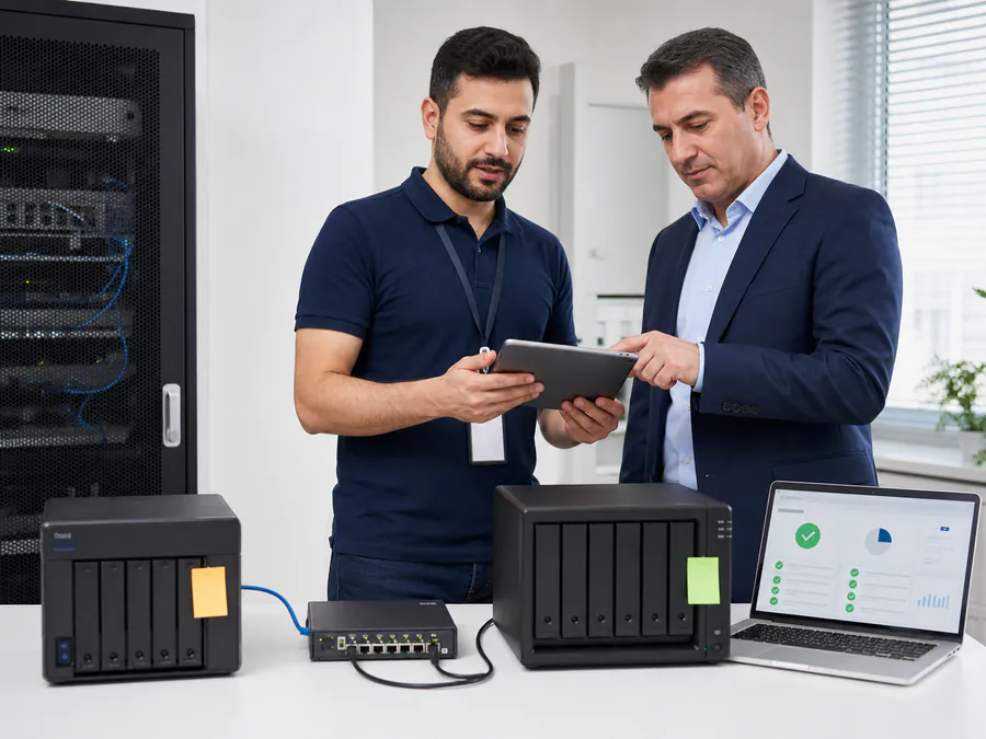 Eski NAS’tan yeni depolama cihazına aktarılan iş verilerini teslim öncesi doğrulayan IT uzmanı ve işletme yöneticisi