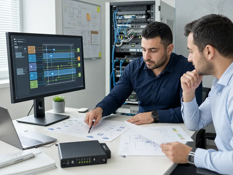 Firewall güvenlik kuralı, NAT, yönlendirme ve VPN geçiş planını doğrulayan ağ uzmanları