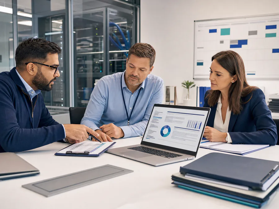 Microsoft lisans atamalarını, yenileme takvimini ve teslim belgelerini işletme yöneticisiyle doğrulayan kurumsal IT ekibi