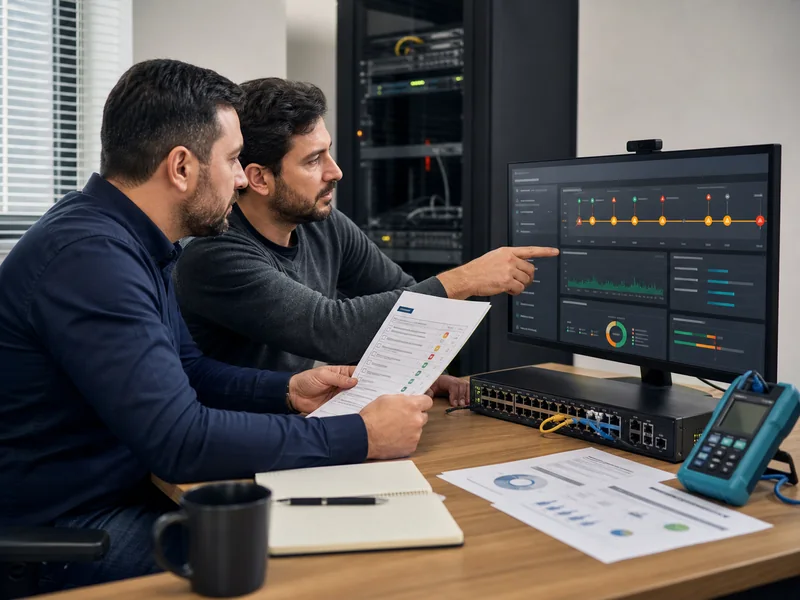 Network izleme yazılımında alarm eşiği ve rapor çıktısını doğrulayan teknik ekip