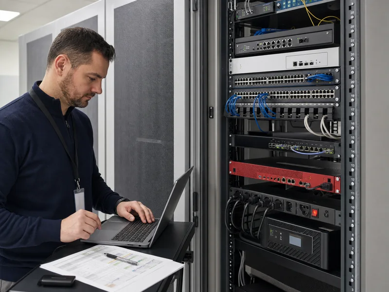 Ağ kabininde cihaz envanteri ve izleme probe yerleşimini planlayan network uzmanı