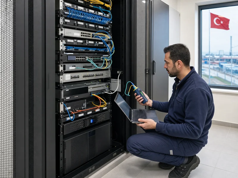 NOC alarmı sonrasında etiketli ağ kabininde uplink ve port kontrolü yapan saha teknisyeni