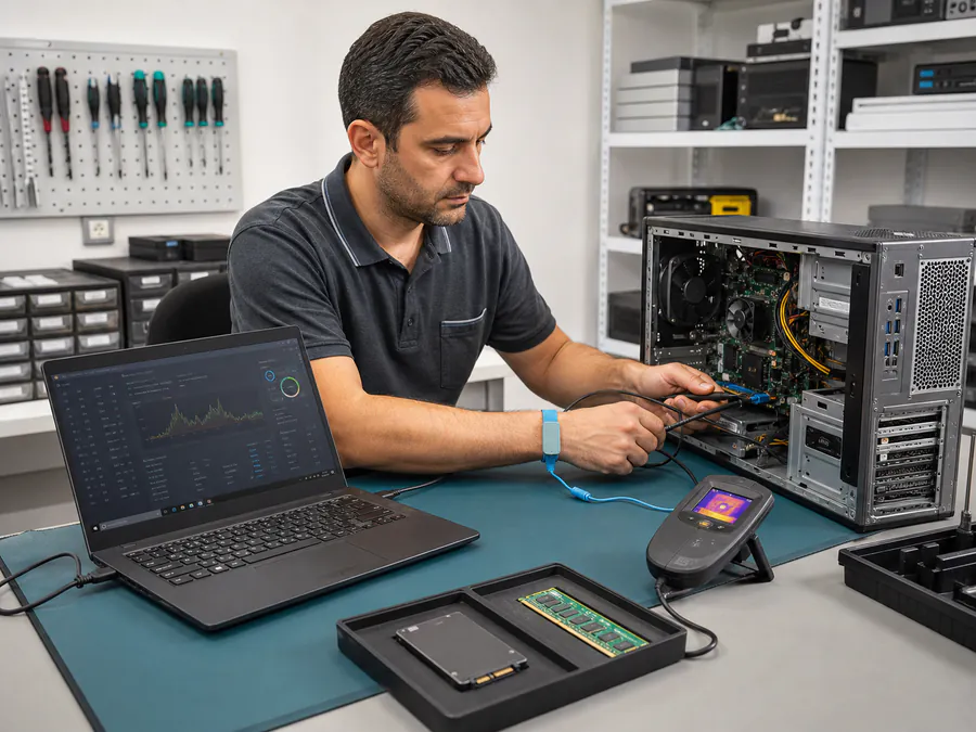 ESD kontrollü servis tezgahında kurumsal notebook ve workstation donanım tanılaması yapan teknik uzman