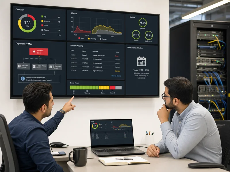 PRTG alarm bağımlılıklarını, bakım penceresini ve uptime raporunu inceleyen teknik ekip