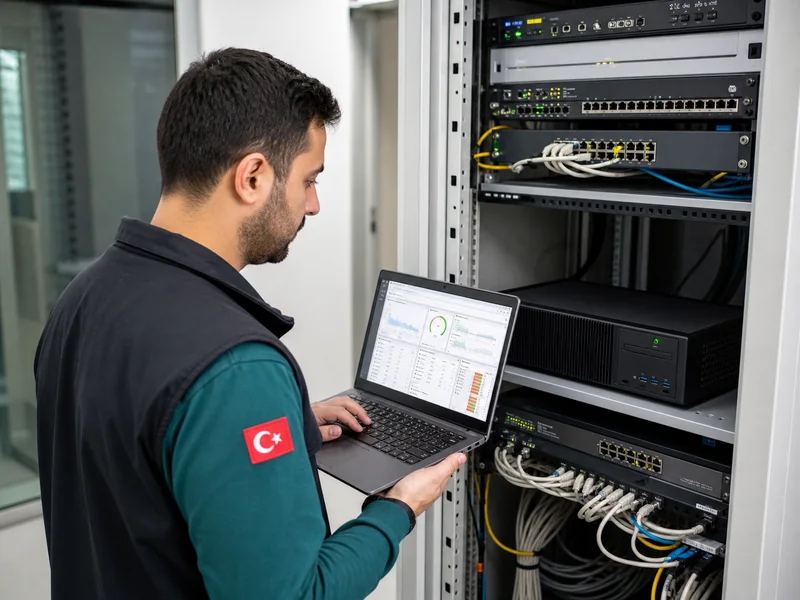 Şube ağ kabininde PRTG remote probe ve cihaz erişimlerini doğrulayan network uzmanı