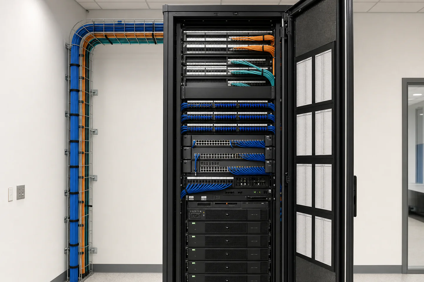 Etiketli patch paneller, kablo yöneticileri, switchler, UPS ve fiber hatlarla düzenlenmiş network kabineti