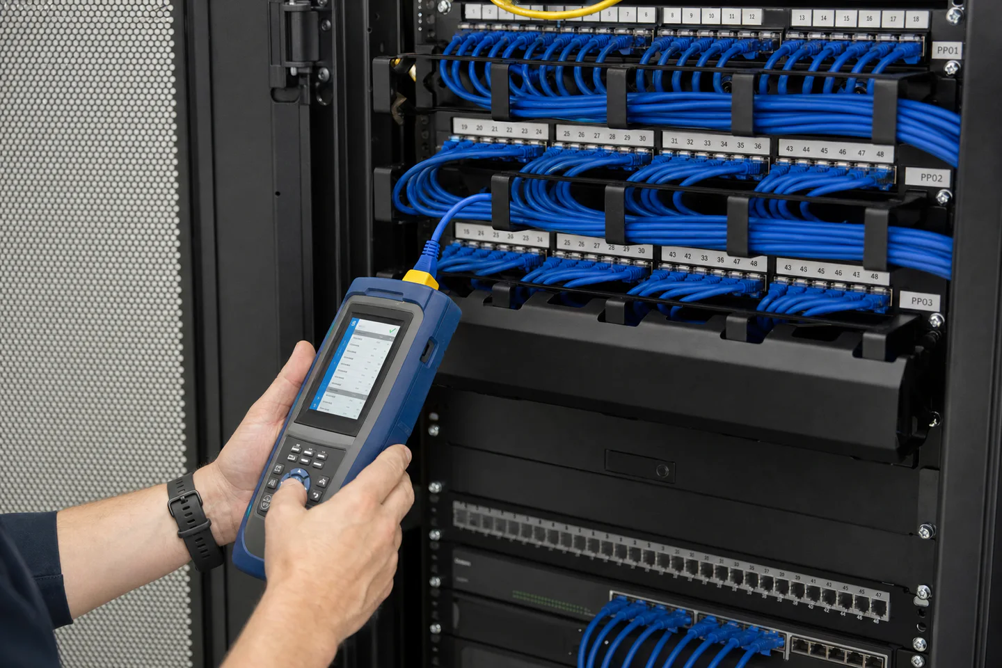 Teknisyenin etiketli Cat6A patch panel bağlantısında kablo sertifikasyon testi yapması