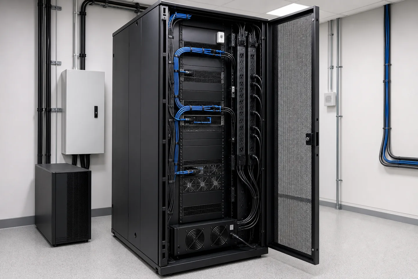 Arka bölümünde dikey rack PDU, ayrılmış enerji ve veri kabloları ile planlanmış network rack kabini