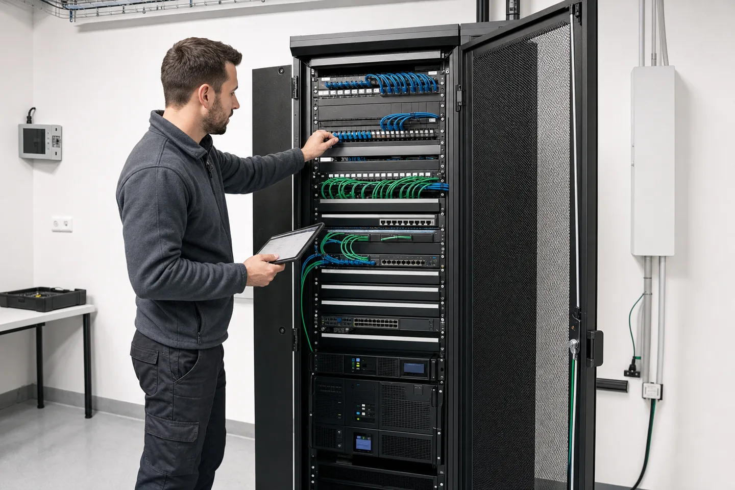 Düzenlenmiş sistem kabini önünde rack yerleşimini tablet üzerinden kontrol eden teknik personel