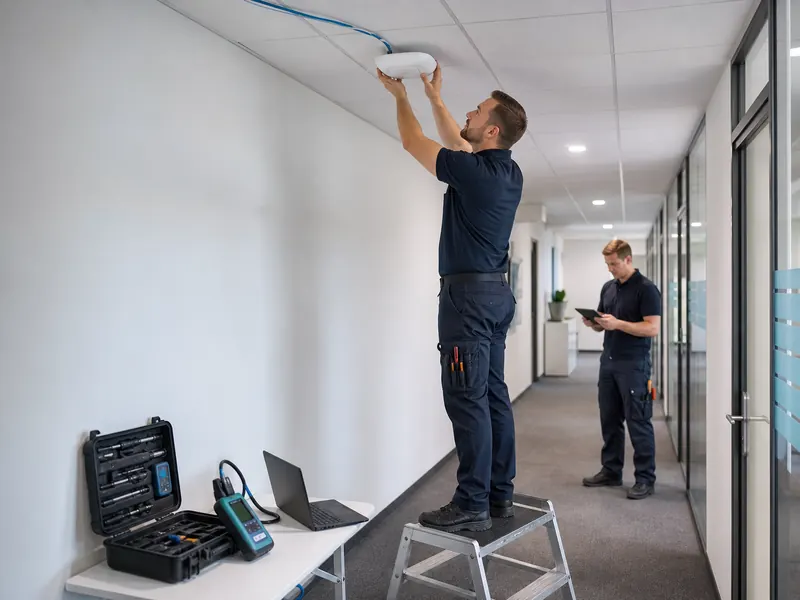 Ofis koridorunda tavana access point monte eden ve bağlantıyı test eden teknik ekip