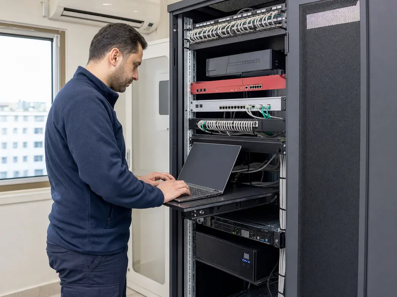 Şube ağ kabininde Zabbix proxy ve cihaz erişimlerini doğrulayan network uzmanı